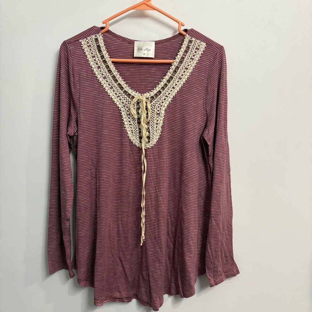 Ella Mara Womens Mauve Striped Long‎ Sleeve Top Crochet Lace Grommet V-Neck M